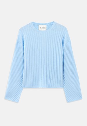 Pull en maille côtelée bleu clair avec un col rond et des manches longues, présentant un motif texturé et une coupe courte. Étiquette de marque visible à l'intérieur.