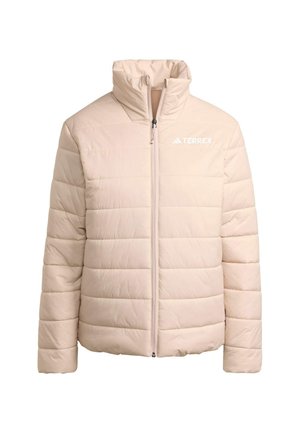 Light beige puffer jacket made of nylon. Features a high collar, horizontal quilting, and a front zipper. Brand logo displayed on the chest.