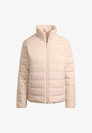 Jasno beżowa kurtka puchowa wykonana z nylonu. Posiada wysoki kołnierz, poziome przeszycia oraz zamek błyskawiczny z przodu. Logo marki umieszczone na piersi.