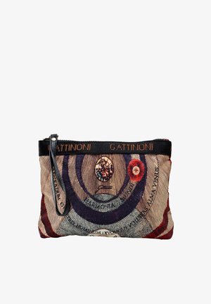 Piccola pochette in tessuto con cinturino nero da polso, caratterizzata da un design circolare di mappa vintage e rifinitura con marchio "GATTINONI" nella parte superiore.