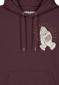 Bordeaux hoodie gemaakt van zachte stof met een afbeelding van ineengestrengelde handen en het woord "GELD" met zonnestraal-accenten. Verstelbare trekkoorden.