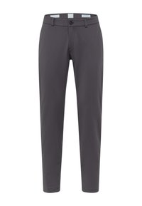 Grijze broek van gladde stof, met een rechte pijp, steekzakken aan de voorkant en een knoopsluiting in de taille. Eenvoudig ontwerp zonder patronen.