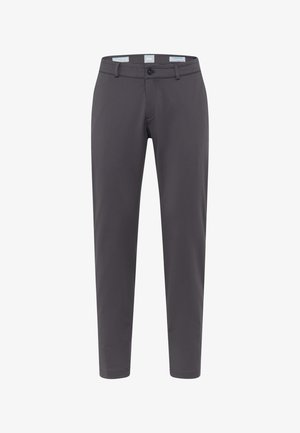 Graue Hose aus glattem Stoff, mit geradem Bein, Vorderentaschen und Knopfverschluss an der Taille. Einfaches Design ohne Muster.