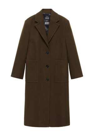 Olive zelena plašč iz volnene mešanice z žepnim ovratnikom, sprednjim gumbom in dvema velikima žepoma; gladka tekstura in dolgi rokavi.