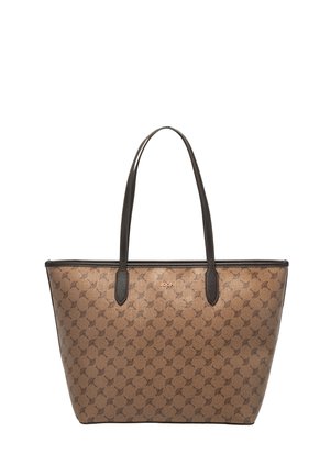 Borsa a spalla marrone con manici in pelle scura, caratterizzata da un motivo in rilievo, forma rettangolare e un sottile logo del brand. Finitura texture.