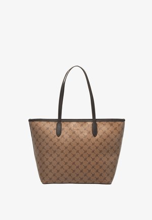 Borsa a spalla marrone con manici in pelle scura, caratterizzata da un motivo in rilievo, forma rettangolare e un sottile logo del brand. Finitura texture.