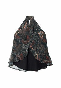 Top de cuello halter con una tela fluida y transparente de estampado en tonos verde oscuro, rojo y beige; presenta un dobladillo con volantes y un forro negro sólido.