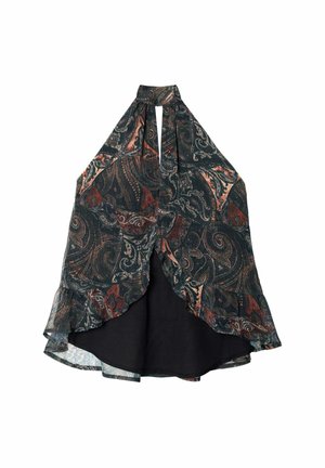 Haut à col halter avec un tissu fluide et transparent à motifs dans des teintes de vert foncé, rouge et beige ; présente un ourlet froncé et une doublure noire unie.