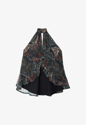 Top de cuello halter con una tela fluida y transparente de estampado en tonos verde oscuro, rojo y beige; presenta un dobladillo con volantes y un forro negro sólido.