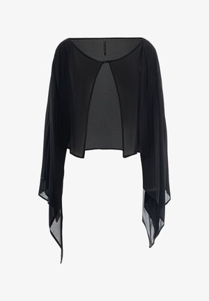 Schwarzer transparenter offene Bolero mit langen asymmetrisch drapierten Ärmeln und rundem Ausschnitt.