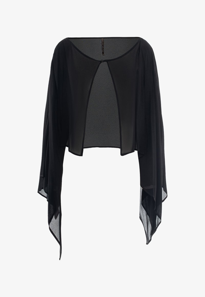 Shrug nero trasparente con apertura frontale, maniche lunghe asimmetriche drappeggiate e scollatura arrotondata.
