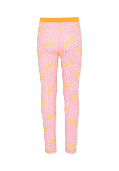 Różowe legginsy z wzorem żółtych gwiazdek i serc. Posiadają jednolity żółty pas w talii, wykonane z elastycznego, wygodnego materiału.