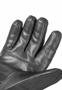 Black leather glove with five fingers, featuring a textured palm and smooth surface, detailed stitching, and perforated accents.