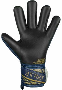Torwarthandschuh mit schwarzer Latex-Handfläche, blauem und goldenem Stoff am Handgelenk. Verfügt über eine strukturierte Grifffläche und einen sicheren Klettverschluss für zusätzlichen Halt.