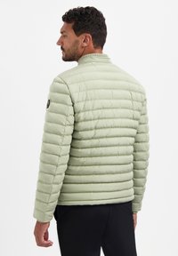 Lichtgroene donsjas met horizontale quilting, opstaande kraag en een logo op de linker mouw; gladde, glanzende textuur.