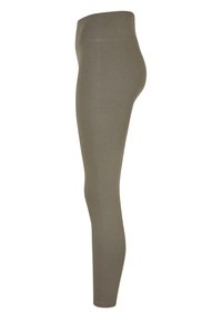 Leggings in olijfgroen, gemaakt van een soepele, rekbare stof, met een hoge tailleband en een aansluitende pasvorm zonder zichtbare naden.