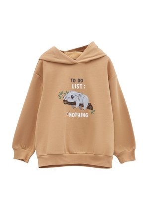 Lysebrun hoodie med en sovende koala på en gren og teksten "To do list: ingenting" med et afkrydset felt.