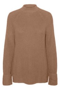 Brauner Strickpullover mit langen Ärmeln, gefalteten Bündchen und einem hohen, runden Halsauschnitt.