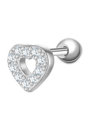 Boucle d'oreille en argent en forme de cœur, avec un centre découpé, ornée de cristaux transparents entourant le cœur et d'une tige en métal lisse.