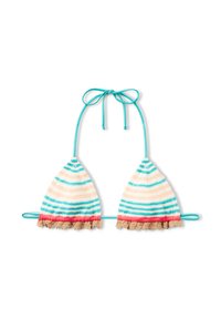 Top bikini a righe con coppe triangolari in turchese, pesca e corallo, con orlo ondulato alla base e lacci per la regolazione.