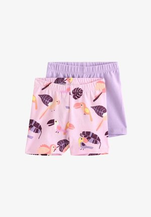 To par shorts til småbørn, den ene ensfarvet lavendel og den anden lyserød med farverige tukan- og bladtryk, begge med elastiske taljebånd.