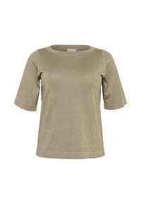 Top de punto metálico dorado de manga corta con cuello redondo y corte relajado, presentado sobre un fondo blanco.