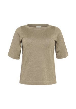 Short-sleeve gold metallic knit top with crew neckline and relaxed fit, displayed on a white background.