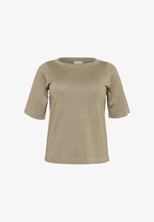 Złota, metaliczna bluzka z krótkim rękawem, z okrągłym dekoltem i luźnym krojem, prezentowana na białym tle.