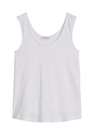 Weißes ärmelloses Tanktop mit rundem Ausschnitt und kleinem beigen Marc O’Polo-Logo nahe dem unteren Saum.