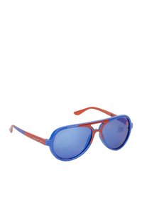 Blue and red sunglasses with a grid pattern, tinted blue lenses, and medium-width arms featuring a Spider-Man logo.