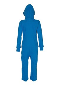 Blauer Baumwoll-Jumpsuit mit Kapuze, langen Ärmeln, elastischen Bündchen und Saum sowie Kängurutaschen, entworfen für Komfort und einfache Handhabung.
