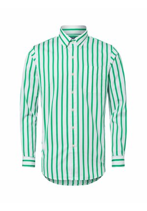 Groen en wit gestreepte langeknopshemd, met een knoopsluiting kraag, enkele borstzak, gladde stof, afgeronde zoom, contrasterende gestreepte manchetten.