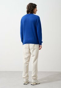Blau gestrickter Pullover mit geripptem Rundhalsausschnitt, kombiniert mit cremefarbenen Cordhosen. Dezente Struktur des Gewebes, von hinten gezeigt.