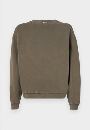 Olive green sweatshirt with crew neckline, long sleeves, ribbed cuffs, and hem. Features subtle branding in contrasting thread. Smooth texture.
