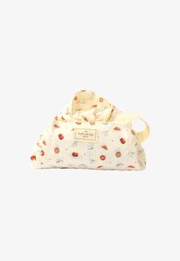 Borsa in tessuto trapuntato con uno sfondo crema, che presenta illustrazioni colorate di dolci e tazze di caffè, include un'etichetta sul davanti.