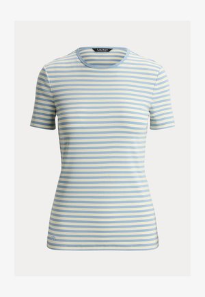 T-shirt à manches courtes et col rond avec fines rayures horizontales en bleu clair, blanc et jaune pâle, coupe ajustée, étiquette Ralph Lauren à l'intérieur du col.
