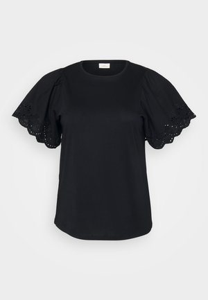 Black t-shirt with short puff sleeves featuring lace detailing and scalloped edges, made of soft cotton fabric with a relaxed fit.