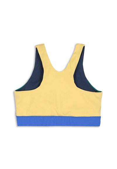 Sportbehå med gul framsida, marinblå baksida och blå nederkant. Slät tyg med en enkel design och breda band för stöd.