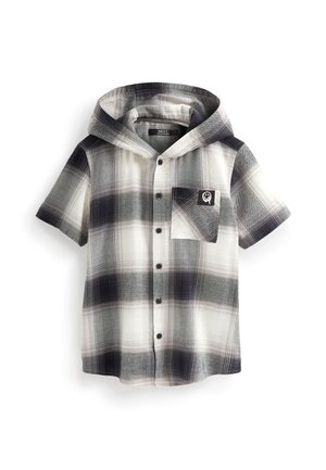 Chemise à manches courtes avec capuche, motif à carreaux noir, gris et blanc, boutons sur le devant et poche poitrine avec petit logo brodé.