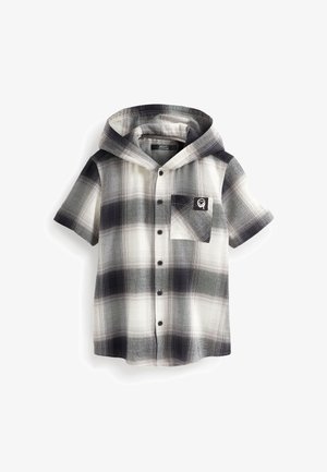Chemise à manches courtes avec capuche, motif à carreaux noir, gris et blanc, boutons sur le devant et poche poitrine avec petit logo brodé.