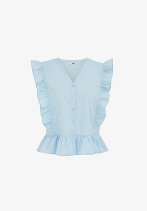 Bluza bleu deschis fără mâneci cu margini volanate, nasturi în față, decolteu în V și tiv peplum.