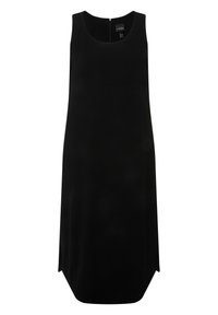 Vestido negro sin mangas con escote redondo, textura suave y aberturas laterales, que incluye un cierre de cremallera en la parte trasera para facilitar su uso.