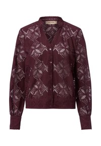 Burgundowa bluzka z długimi rękawami i zapięciem na guziki, z misternymi koronkowymi detalami i falbaniastym dekoltem. Miękka tkanina z kwiatowymi wzorami.