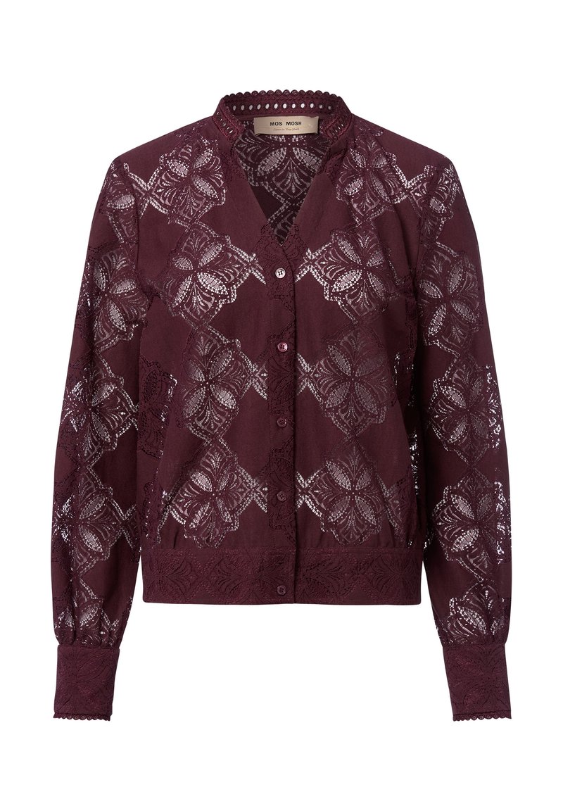 Burgundowa bluzka z długimi rękawami i zapięciem na guziki, z misternymi koronkowymi detalami i falbaniastym dekoltem. Miękka tkanina z kwiatowymi wzorami.