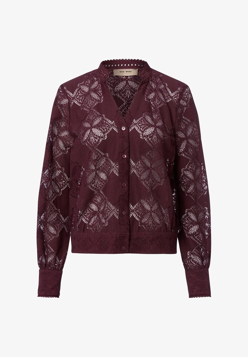 Burgundowa bluzka z długimi rękawami i zapięciem na guziki, z misternymi koronkowymi detalami i falbaniastym dekoltem. Miękka tkanina z kwiatowymi wzorami.