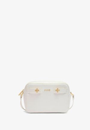 Borsa a tracolla bianca in pelle con forma rettangolare, dotata di hardware dorato e logo del marchio. Texture liscia, tracolla regolabile.