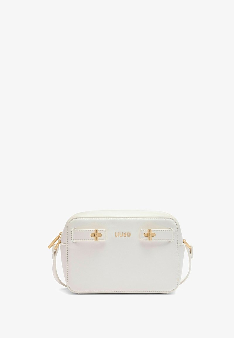 Borsa a tracolla bianca in pelle con forma rettangolare, dotata di hardware dorato e logo del marchio. Texture liscia, tracolla regolabile.