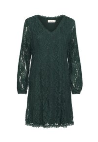 Rochie din dantelă verde închis, cu mâneci lungi și decolteu în V. Prezintă modele florale intricate și un tiv ondulat. Textură ușoară, semi-transparentă.