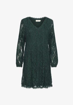 Sötétzöld csipke ruha hosszú ujjakkal és V-nyakkivágással. Bonyolult virágmintákkal és hullámos szegéllyel rendelkezik. Könnyű, félig átlátszó anyagú.