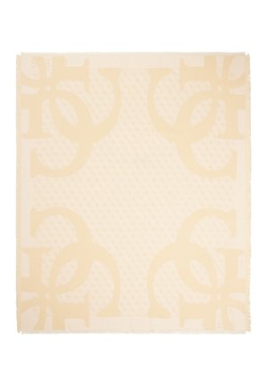 Beige huivi, jossa on sävyttävä logo-kuvio, sileä pinta ja tupsutettu reuna. Suunnittelussa on päällekkäisiä pyöreitä muotoja.
